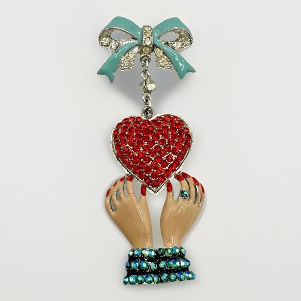 Vintage Figural Heart Hands Brooch Pin Rhinestone Enamel Dangle Bow Novelty 3"